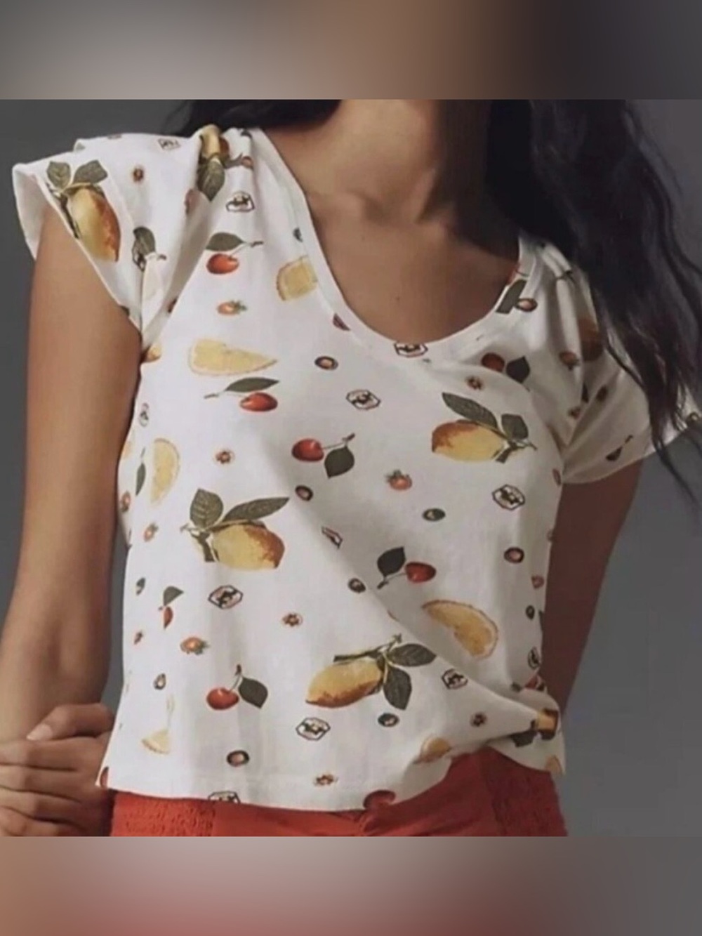 Maeve Anthropologie Mediterranean Fruit Lemon Cherry Scoop Neck Tee